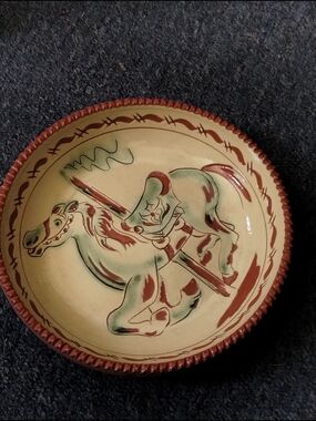 Hand-Painted Ceramic Horse Bowl in Cream, Red and Green